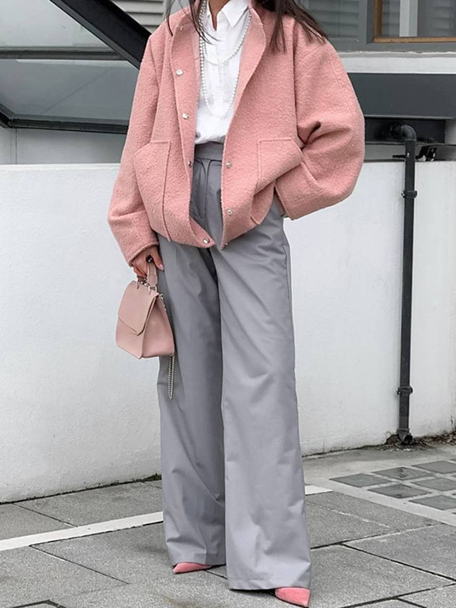 Cocolii court manteau unicolore polaire boutonnage poches col montant femme élégant décontracté doux veste