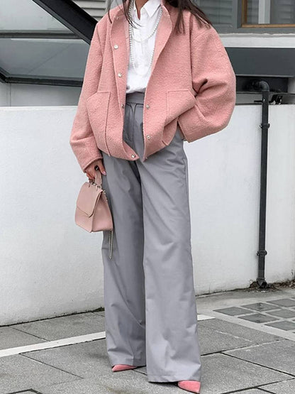 Cocolii court manteau unicolore polaire boutonnage poches col montant femme élégant décontracté doux veste