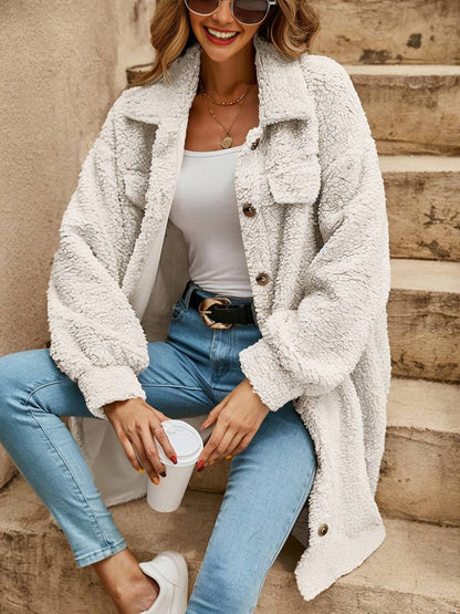 Cocolii mi-longue manteau en polaire boutonnage col revers manches longues femme décontracté casual veste