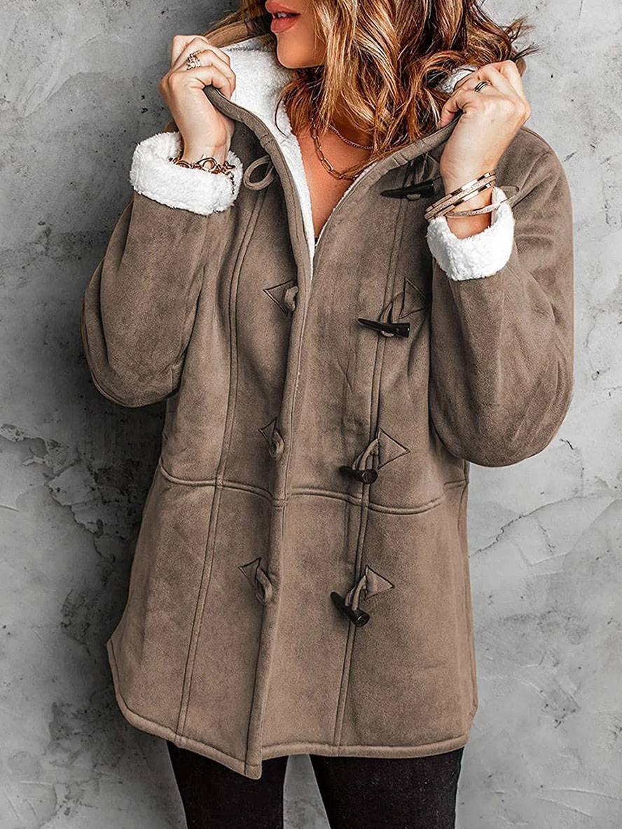 Cocolii mi-longue manteau en daim polaire à capuche boutonnage poches femme élégant décontracté casual hiver parka
