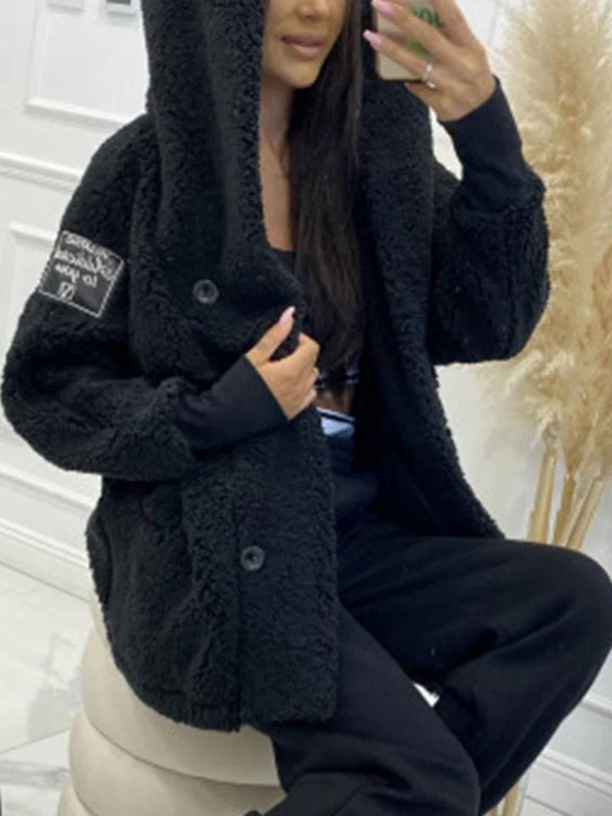 Cocolii mi-longue manteau à capuche avec polaire boutonnage poches manches longues femme élégant décontracté ample veste