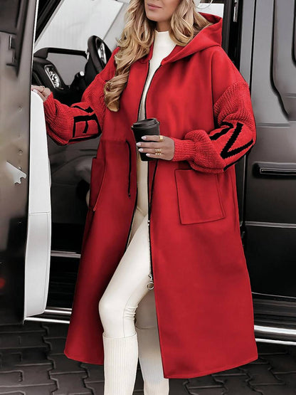 Cocolii longue manteau à capuche lettres poches manches longues femme élégant décontracté oversized pull cardigan