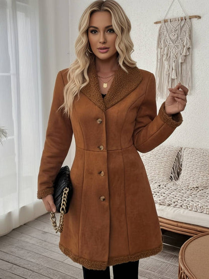 Cocolii mi-longue manteau en suedine femme doublé polaire molleton boutonnage col revers décontracté veste en daim