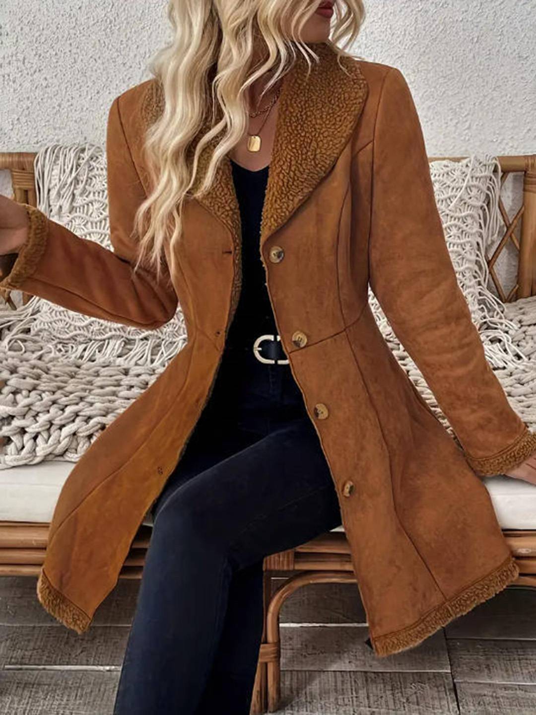 Cocolii mi-longue manteau en suedine femme doublé polaire molleton boutonnage col revers décontracté veste en daim