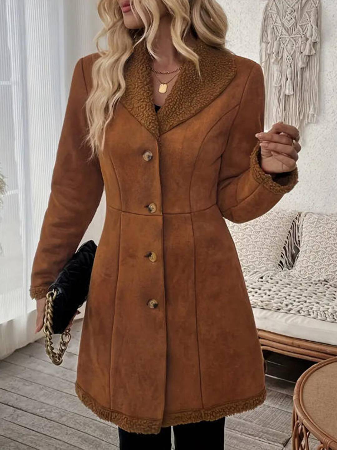 Cocolii mi-longue manteau en suedine femme doublé polaire molleton boutonnage col revers décontracté veste en daim