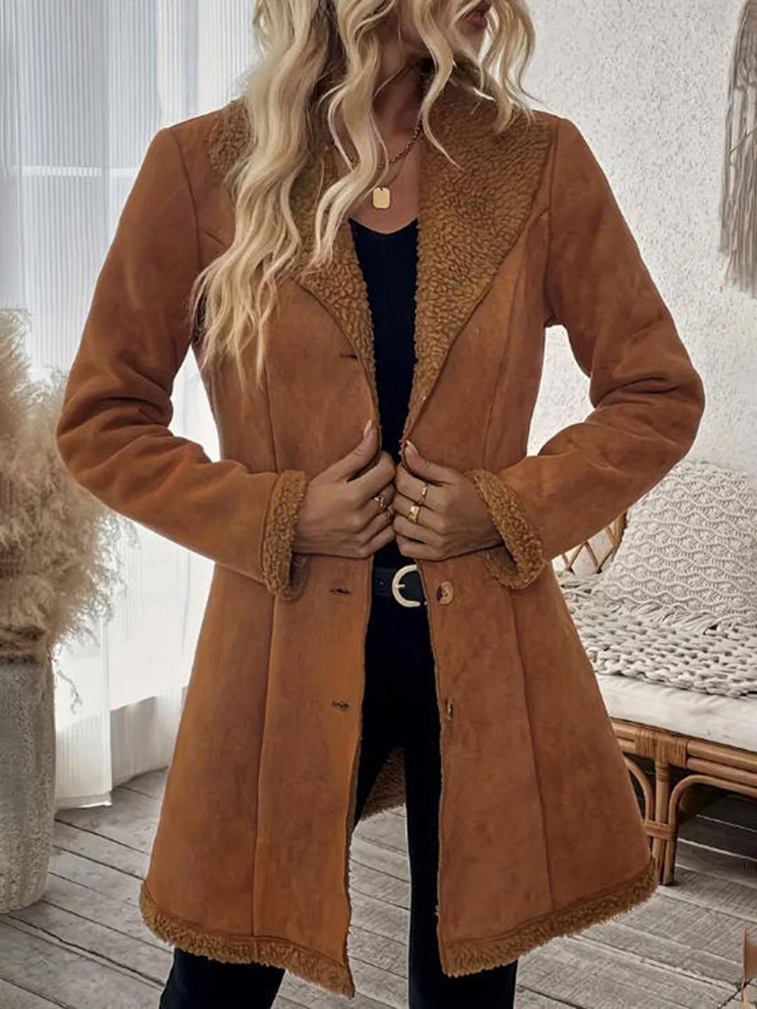 Cocolii mi-longue manteau en suedine femme doublé polaire molleton boutonnage col revers décontracté veste en daim
