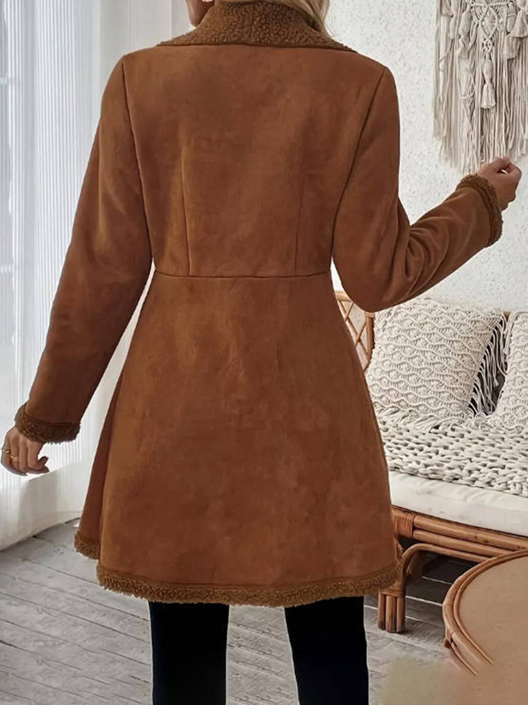 Cocolii mi-longue manteau en suedine femme doublé polaire molleton boutonnage col revers décontracté veste en daim