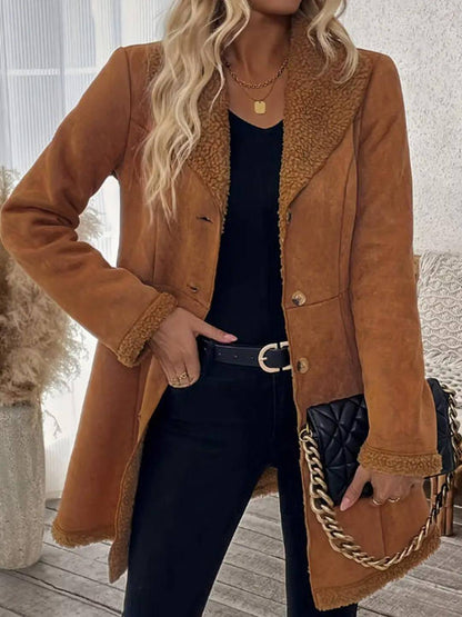 Cocolii mi-longue manteau en suedine femme doublé polaire molleton boutonnage col revers décontracté veste en daim