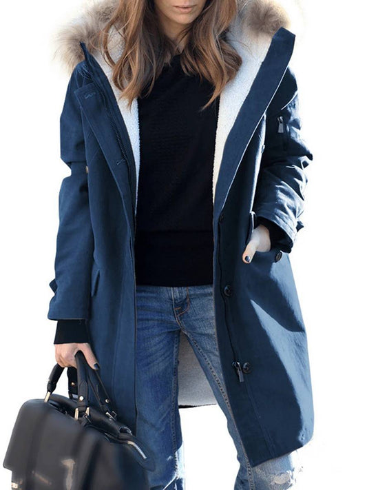 Cocolii mi-longue hiver manteau parka à capuche poches fermeture éclair fausse fourrure col femme ample oversized décontracté veste