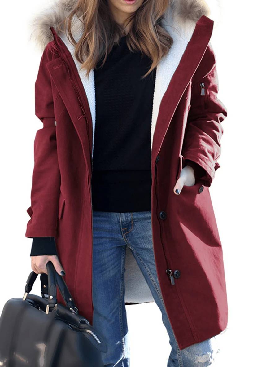 Cocolii mi-longue hiver manteau parka à capuche poches fermeture éclair fausse fourrure col femme ample oversized décontracté veste