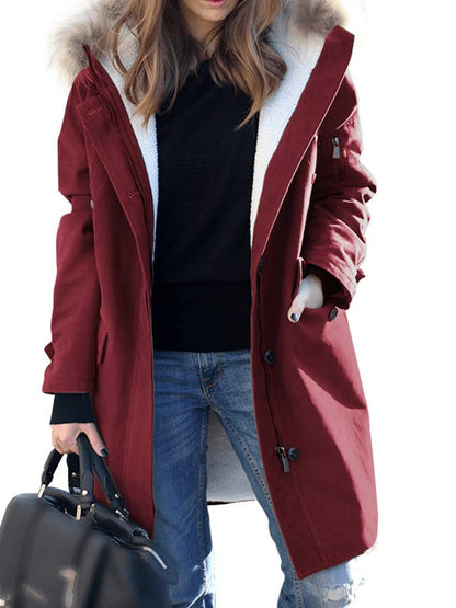 Cocolii mi-longue hiver manteau parka à capuche poches fermeture éclair fausse fourrure col femme ample oversized décontracté veste