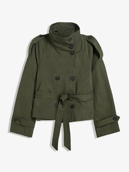 Cocolii trench court femme veste mi-saison double boutonnage col montant vintage chic et élégant avec ceinture