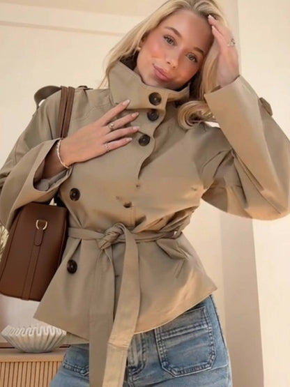 Cocolii trench court femme veste mi-saison double boutonnage col montant vintage chic et élégant avec ceinture