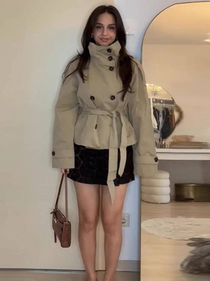 Cocolii trench court femme veste mi-saison double boutonnage col montant vintage chic et élégant avec ceinture