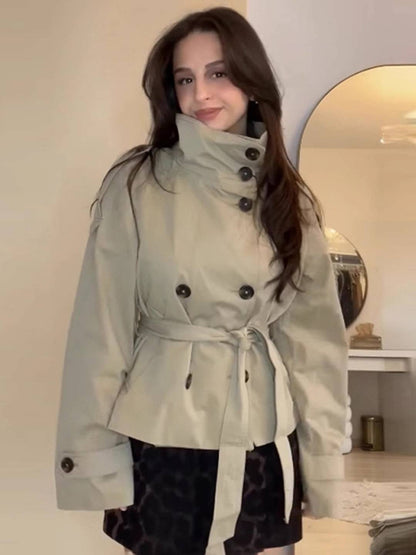 Cocolii trench court femme veste mi-saison double boutonnage col montant vintage chic et élégant avec ceinture