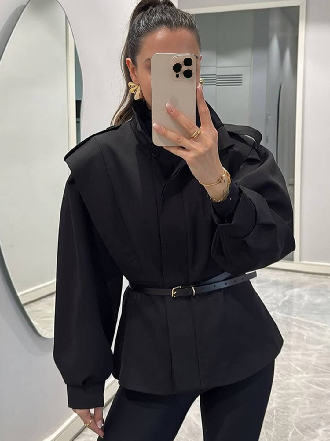 Cocolii trench-coat veste court péplum col montant boutonnage manches longues femme élégant décontracté blouson