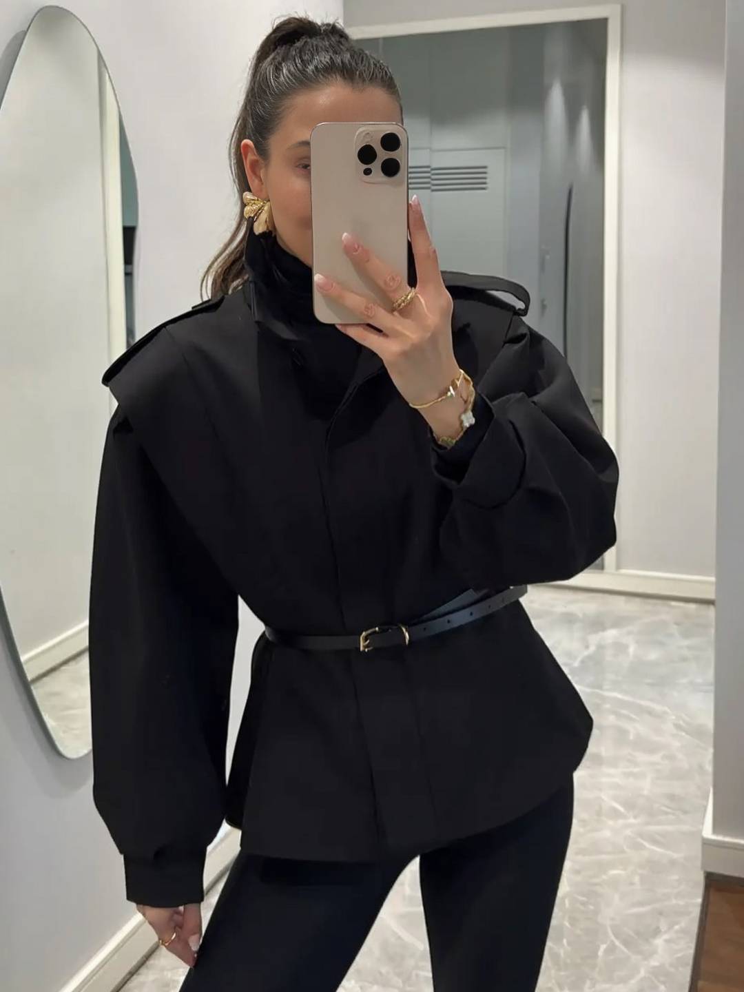 Cocolii trench-coat veste court péplum col montant boutonnage manches longues femme élégant décontracté blouson