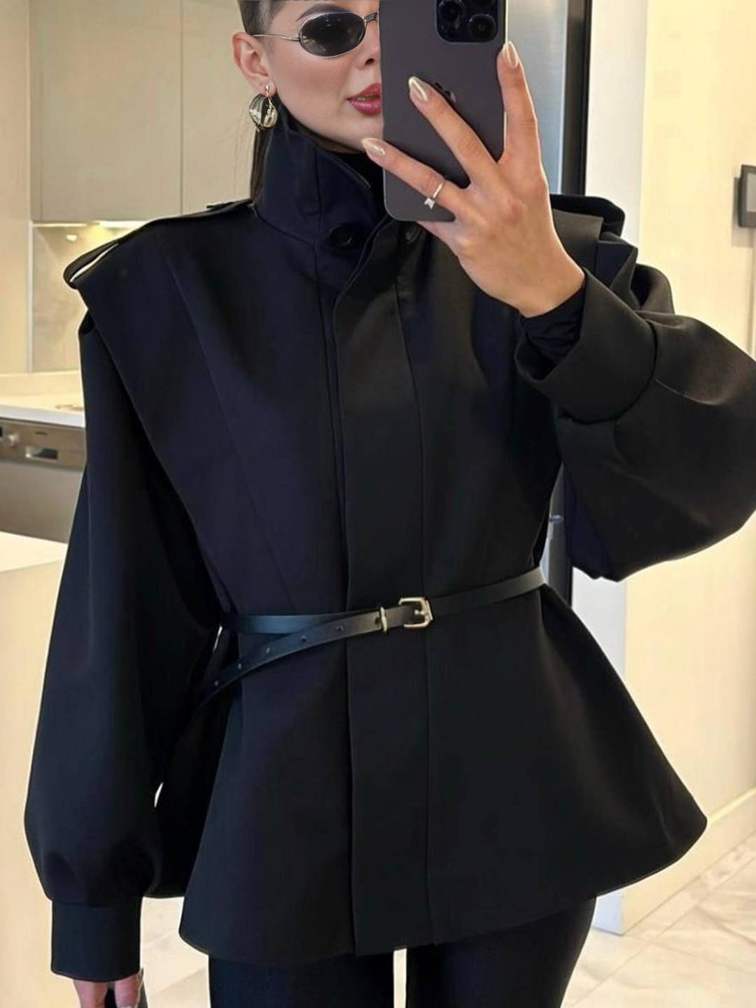 Cocolii trench-coat veste court péplum col montant boutonnage manches longues femme élégant décontracté blouson