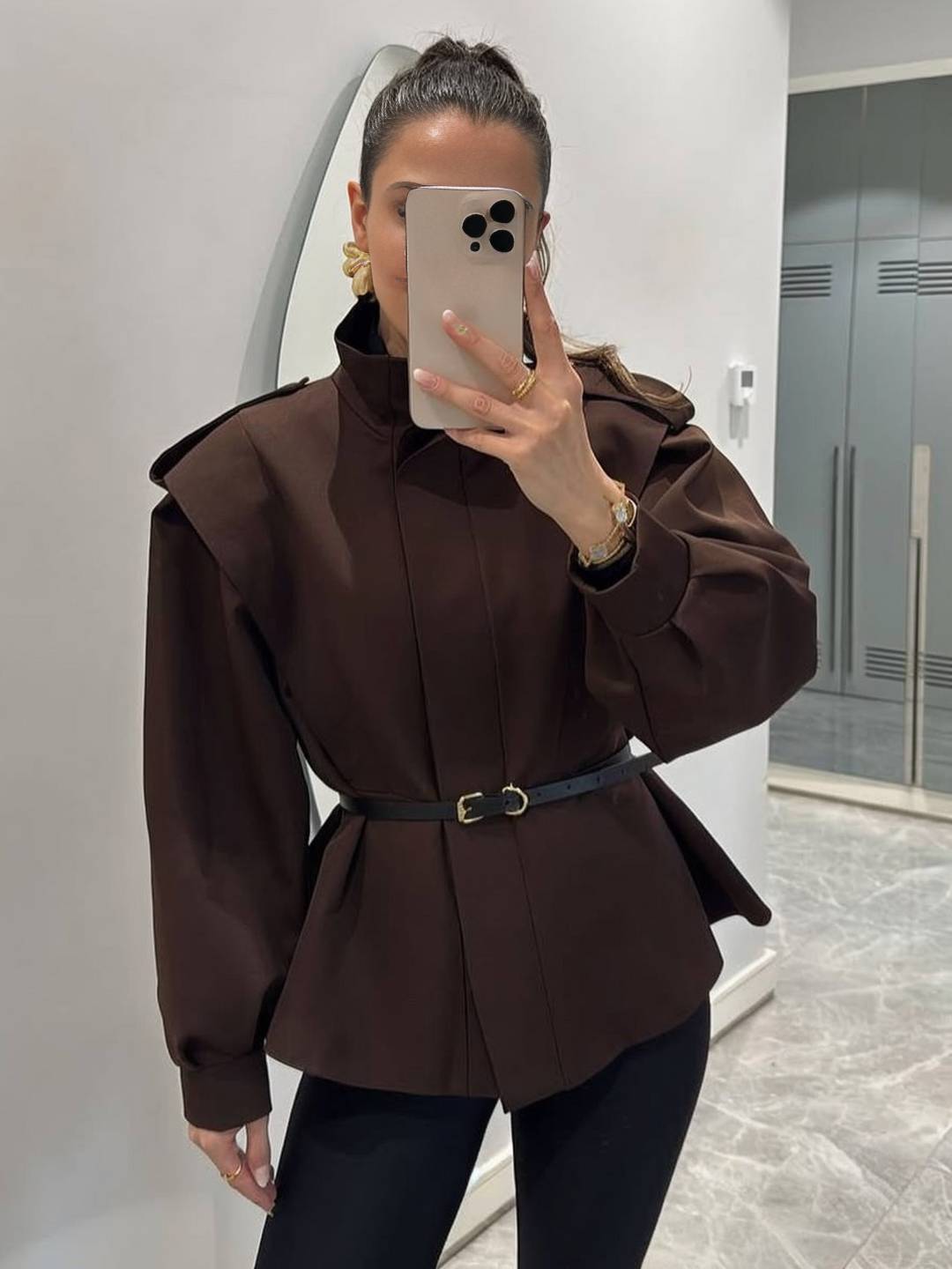 Cocolii trench-coat veste court péplum col montant boutonnage manches longues femme élégant décontracté blouson