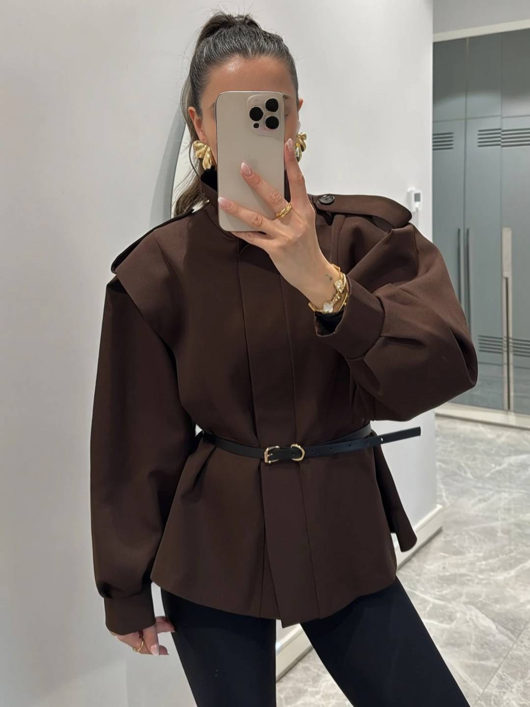 Cocolii trench-coat veste court péplum col montant boutonnage manches longues femme élégant décontracté blouson