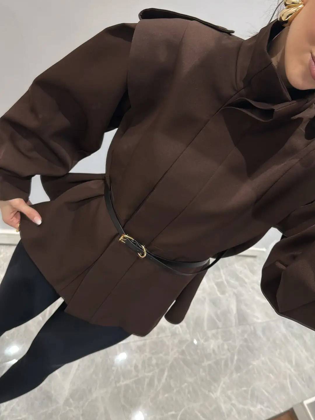 Cocolii trench-coat veste court péplum col montant boutonnage manches longues femme élégant décontracté blouson