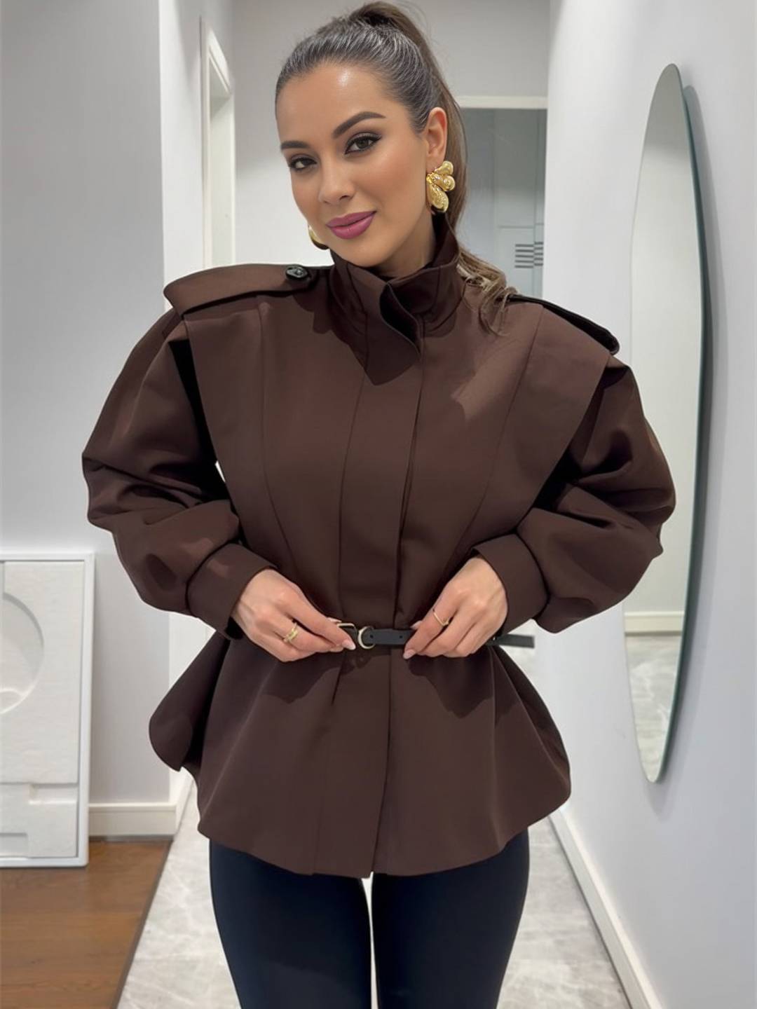 Cocolii trench-coat veste court péplum col montant boutonnage manches longues femme élégant décontracté blouson