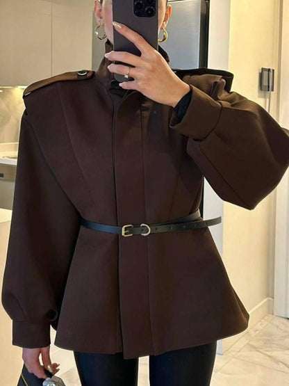 Cocolii trench-coat veste court péplum col montant boutonnage manches longues femme élégant décontracté blouson