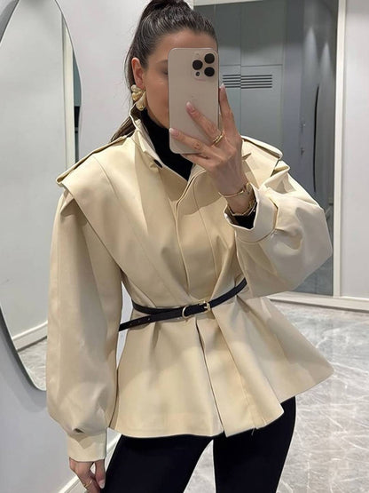 Cocolii trench-coat veste court péplum col montant boutonnage manches longues femme élégant décontracté blouson