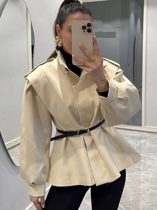 Cocolii trench-coat veste court péplum col montant boutonnage manches longues femme élégant décontracté blouson
