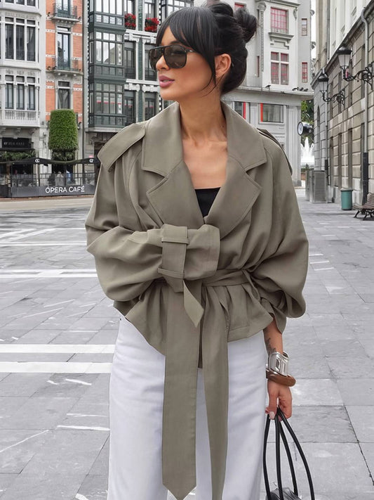 Cocolii trench court femme veste en suedine ceinture col revers manches longues élégant décontracté vintage mi-saison