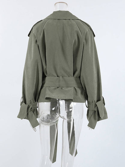 Cocolii trench court femme veste en suedine ceinture col revers manches longues élégant décontracté vintage mi-saison