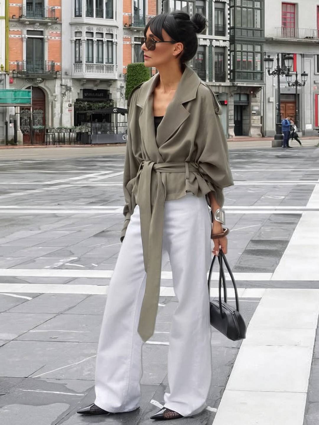 Cocolii trench court femme veste en suedine ceinture col revers manches longues élégant décontracté vintage mi-saison