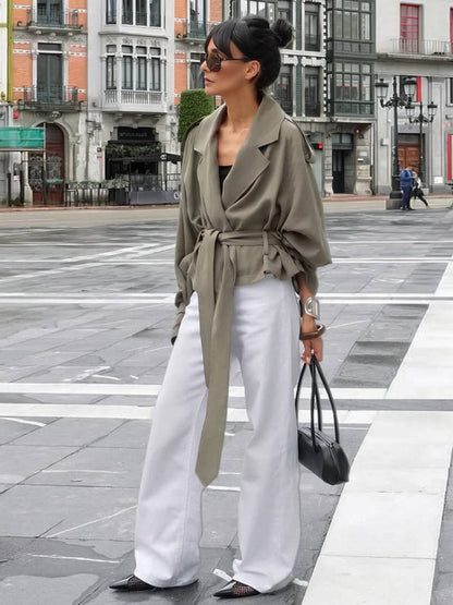 Cocolii trench court femme veste en suedine ceinture col revers manches longues élégant décontracté vintage mi-saison