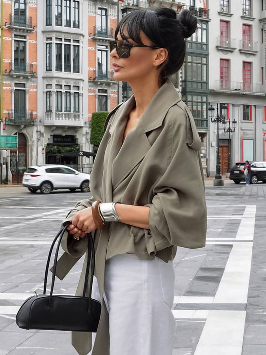 Cocolii trench court femme veste en suedine ceinture col revers manches longues élégant décontracté vintage mi-saison