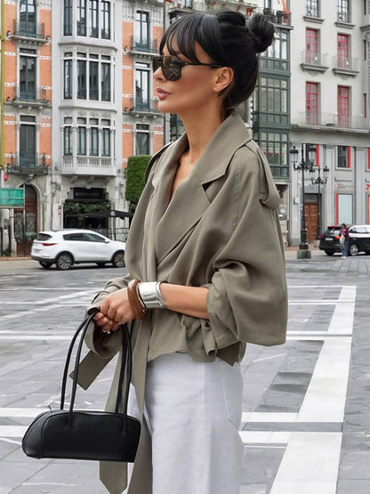 Cocolii trench court femme veste en suedine ceinture col revers manches longues élégant décontracté vintage mi-saison