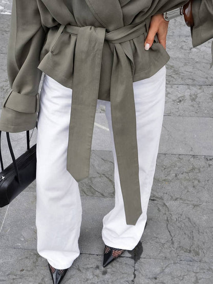 Cocolii trench court femme veste en suedine ceinture col revers manches longues élégant décontracté vintage mi-saison