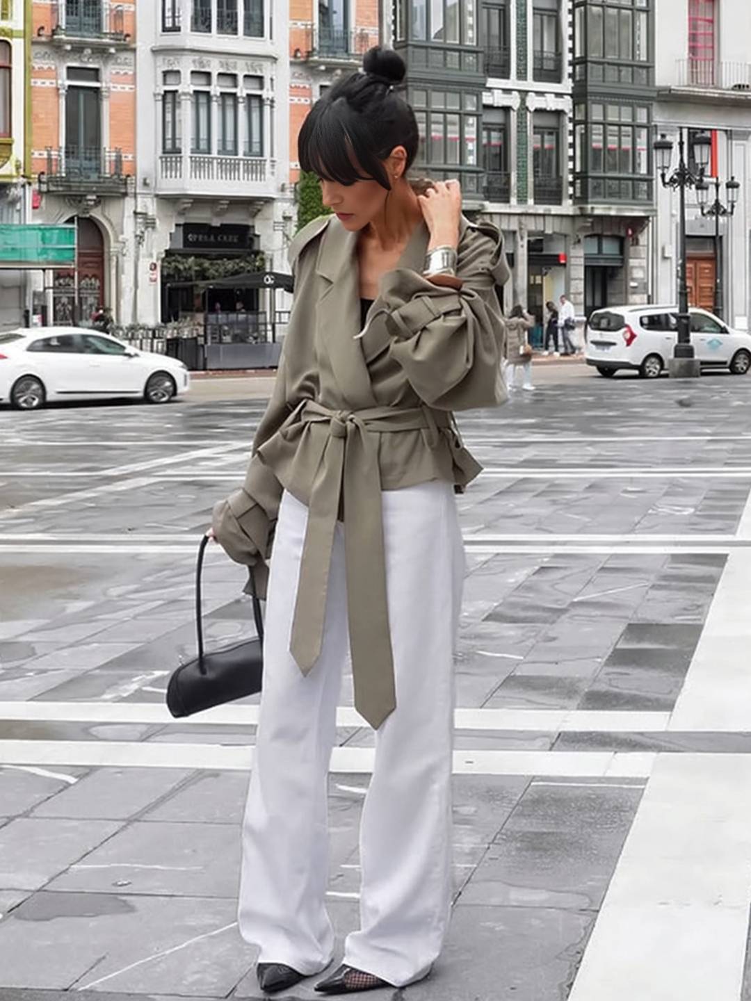 Cocolii trench court femme veste en suedine ceinture col revers manches longues élégant décontracté vintage mi-saison