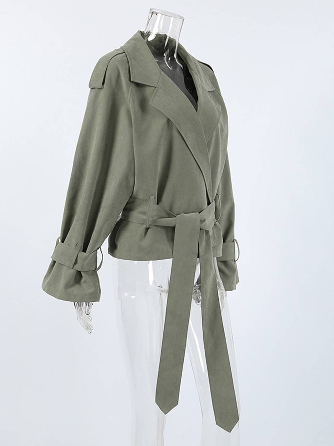 Cocolii trench court femme veste en suedine ceinture col revers manches longues élégant décontracté vintage mi-saison