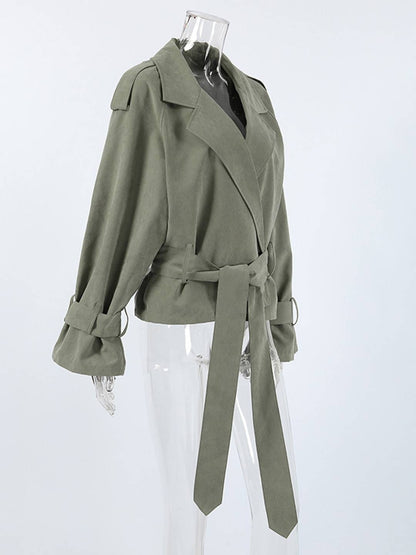 Cocolii trench court femme veste en suedine ceinture col revers manches longues élégant décontracté vintage mi-saison