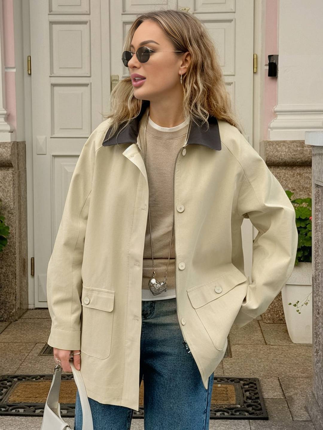 Cocolii court Trench femme manteau coton boutonnage poches fermeture éclair col revers décontracté pour mi-saison
