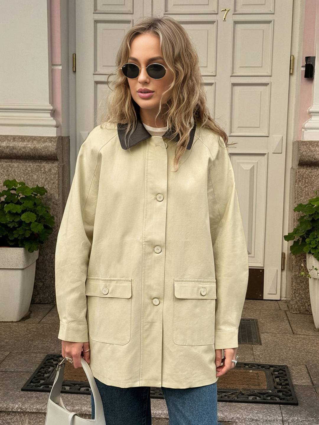 Cocolii court Trench femme manteau coton boutonnage poches fermeture éclair col revers décontracté pour mi-saison