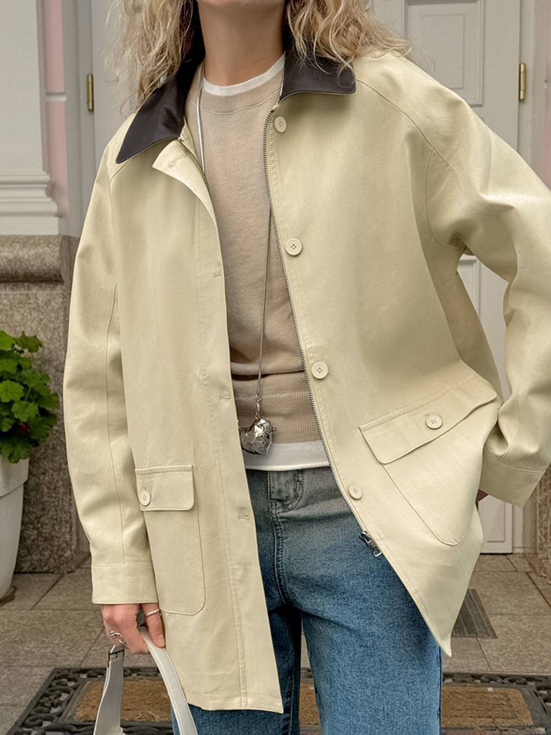 Cocolii court Trench femme manteau coton boutonnage poches fermeture éclair col revers décontracté pour mi-saison