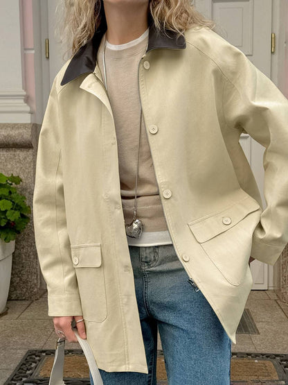 Cocolii court Trench femme manteau coton boutonnage poches fermeture éclair col revers décontracté pour mi-saison