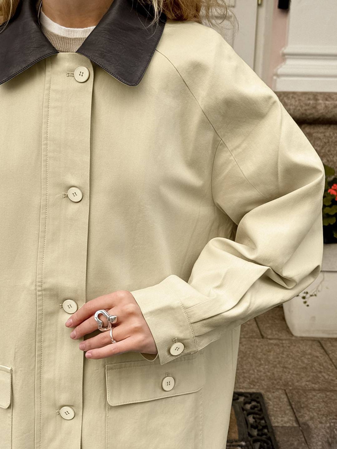 Cocolii court Trench femme manteau coton boutonnage poches fermeture éclair col revers décontracté pour mi-saison