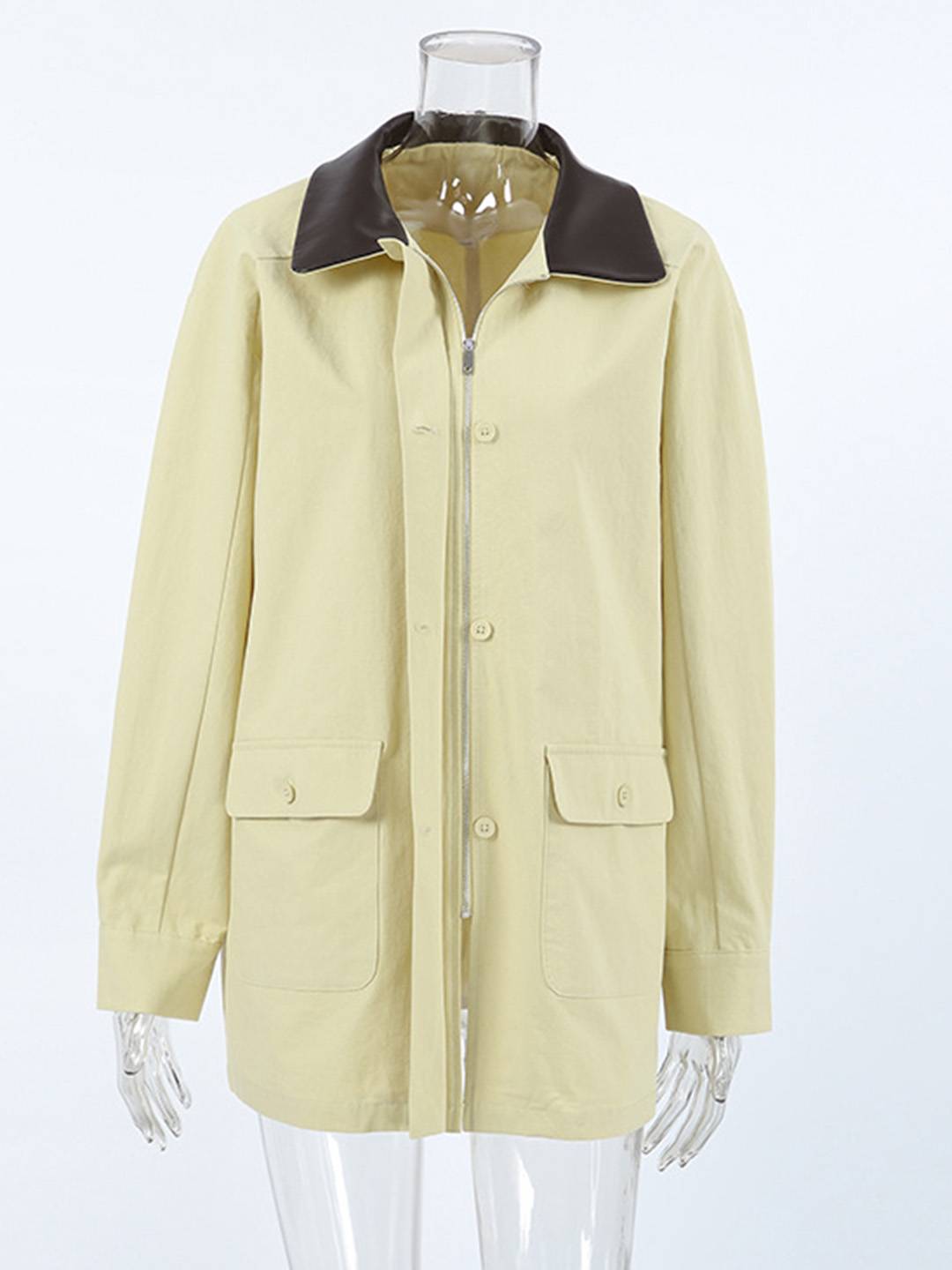 Cocolii court Trench femme manteau coton boutonnage poches fermeture éclair col revers décontracté pour mi-saison