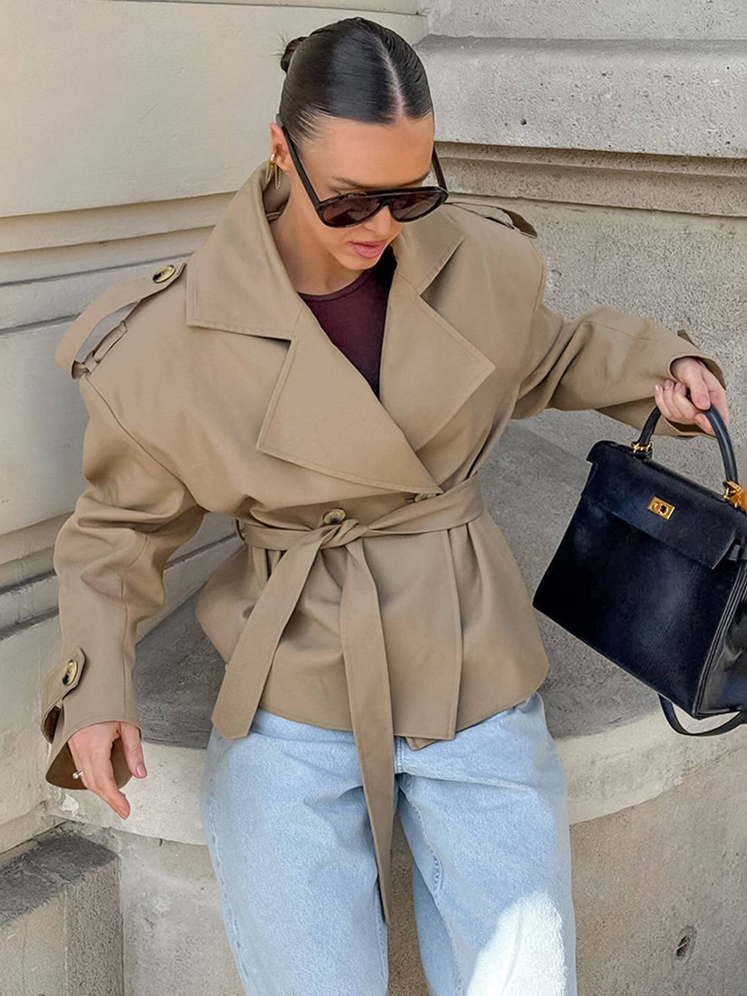 Cocolii court trench femme en coton boutons ceinture manches longues élégant décontracté mi-saison veste pour automne