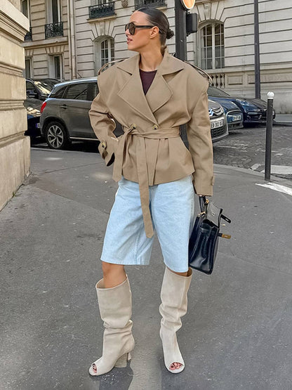 Cocolii court trench femme en coton boutons ceinture manches longues élégant décontracté mi-saison veste pour automne