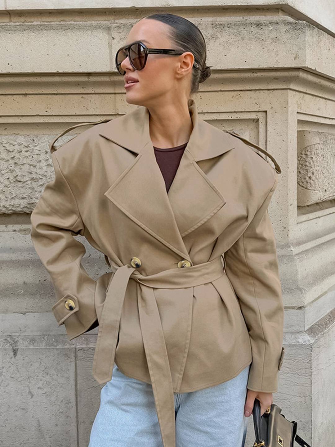 Cocolii court trench femme en coton boutons ceinture manches longues élégant décontracté mi-saison veste pour automne