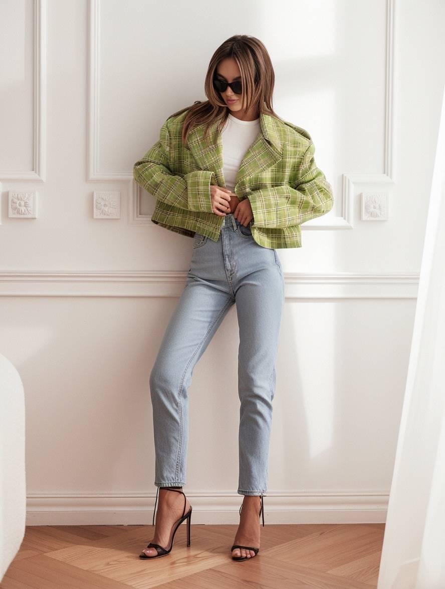 Cocolii court manteau carreaux double boutonnage manches longues femme élégant décontracté