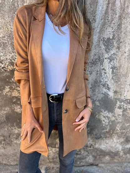 Cocolii mi-longue manteau suedine boutonnage col revers manches longues femme élégant décontracté mode veste